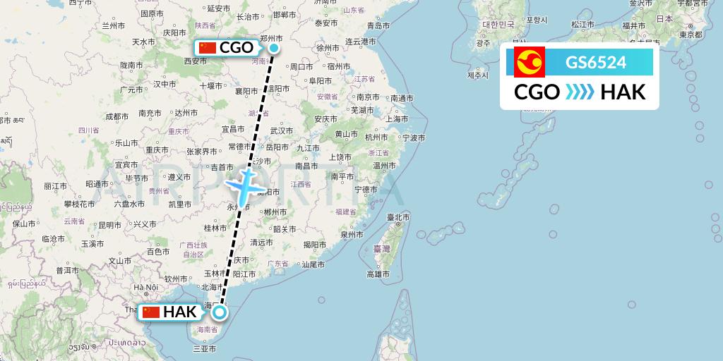GS6524 Tianjin Airlines Flight Map: Zhengzhou to Haikou