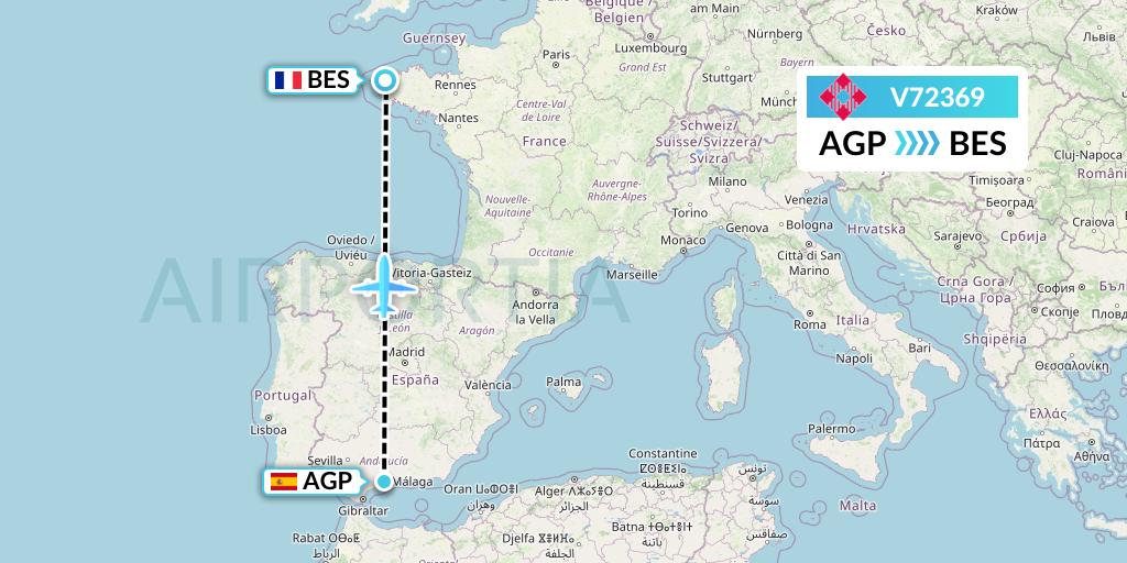 V72369 Volotea Flight Map: Malaga to Brest