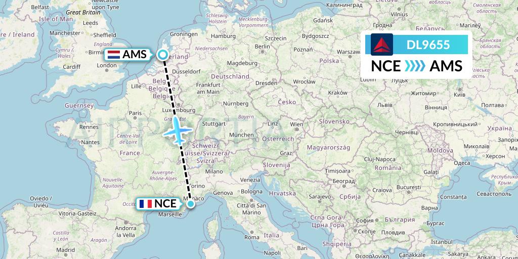 DL9655 Delta Air Lines Flight Map: Nice to Amsterdam