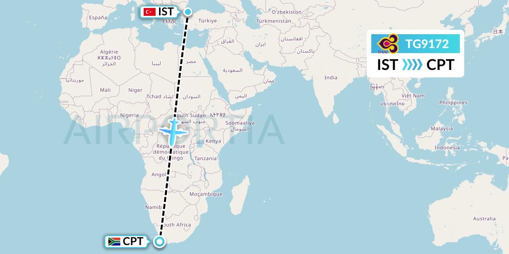 TG9172 Thai Airways Flight Map: Istanbul to Cape Town