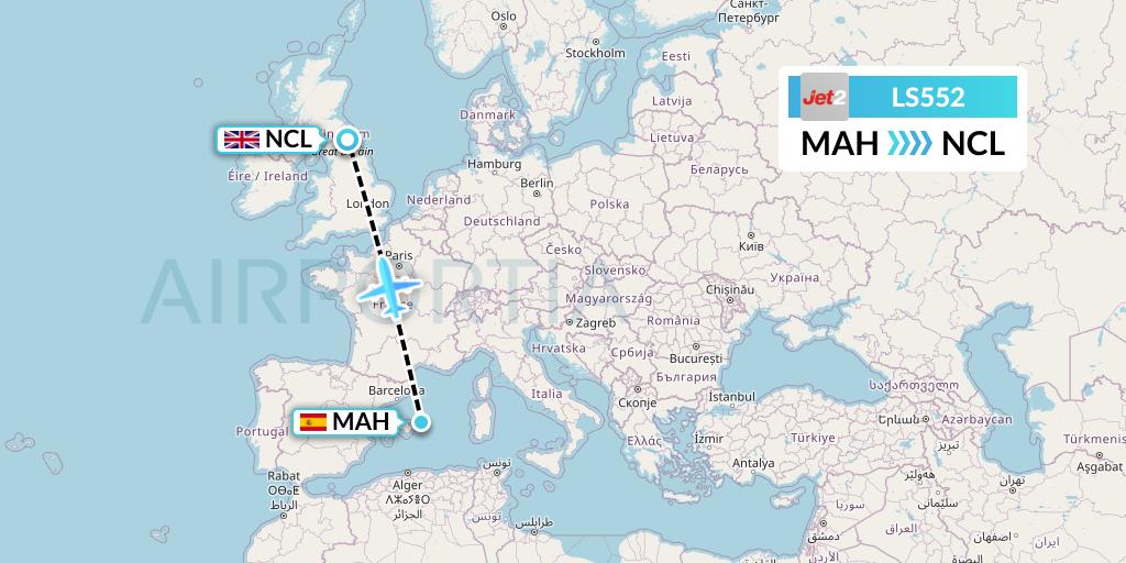 LS552 Jet2 Flight Map: Mahon to Newcastle