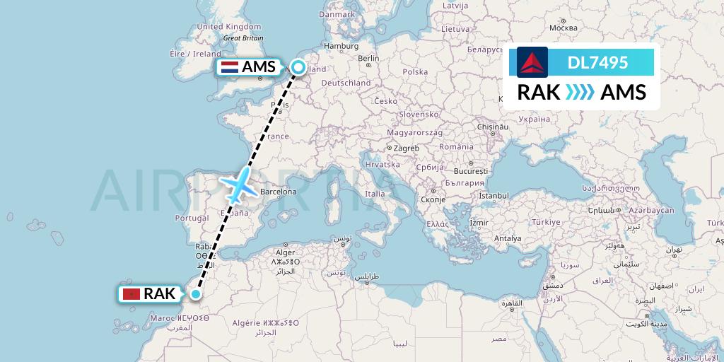 DL7495 Delta Air Lines Flight Map: Marrakesh to Amsterdam