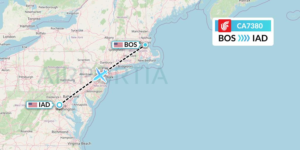 CA7380 Air China Flight Map: Boston to Washington