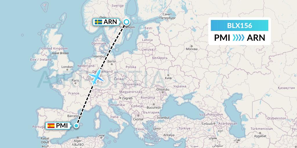 BLX156 TUI fly Nordics Flight Map: Palma de Mallorca to Stockholm