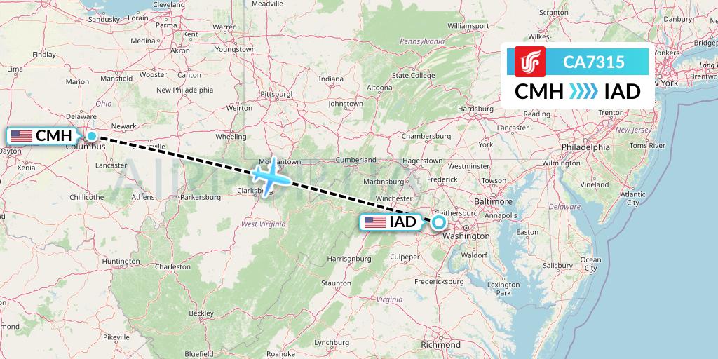 CA7315 Air China Flight Map: Columbus to Washington