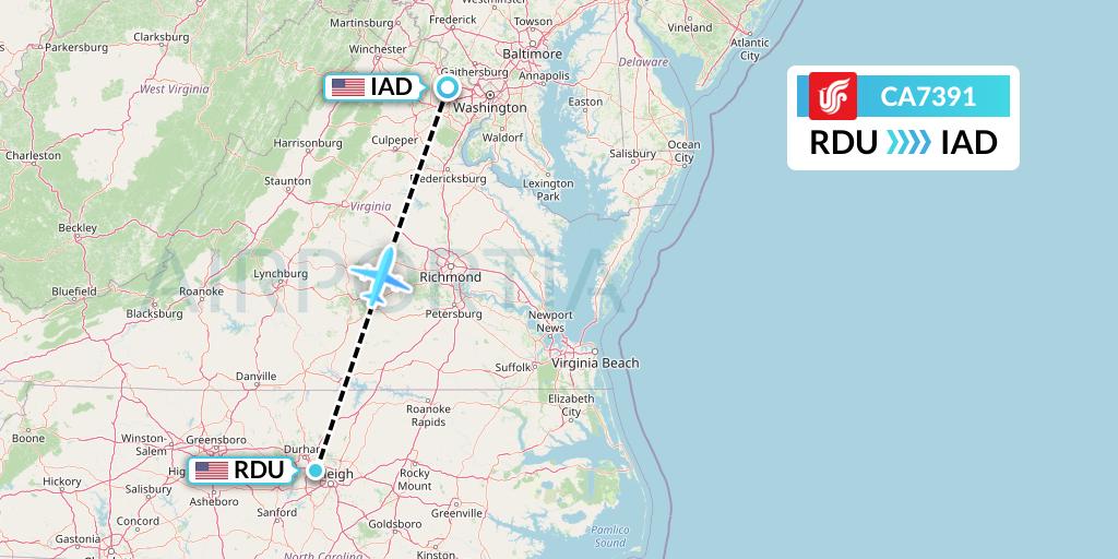 CA7391 Air China Flight Map: Raleigh-Durham to Washington