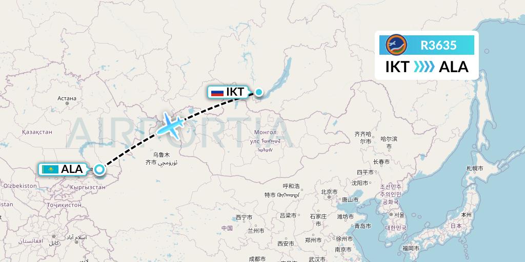 R3635 Yakutia Airlines Flight Map: Irkutsk to Almaty