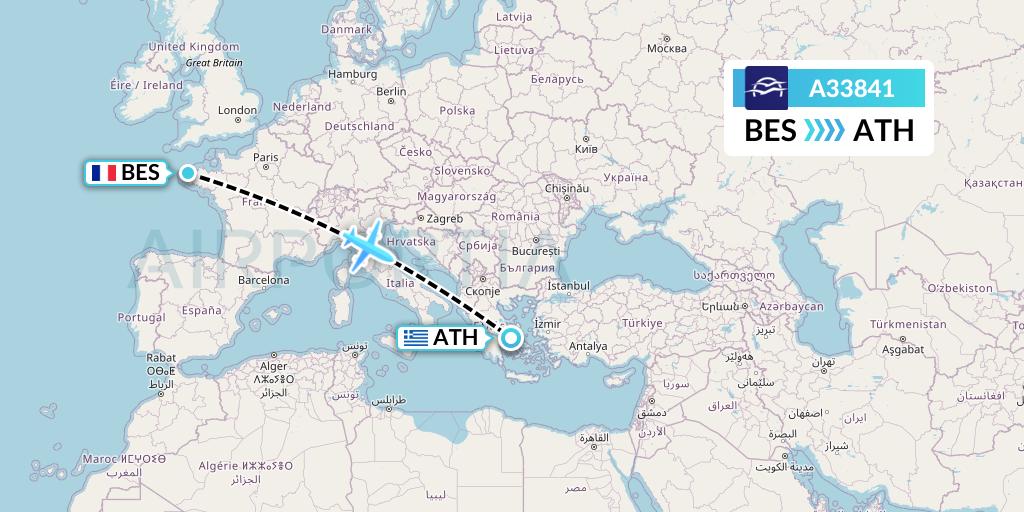 A33841 Aegean Airlines Flight Map: Brest to Athens