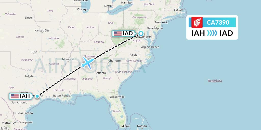 CA7390 Air China Flight Map: Houston to Washington