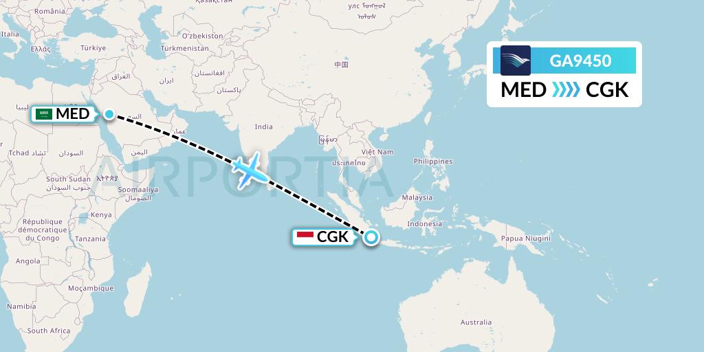 GA9450 Garuda Indonesia Flight Map: Medina to Jakarta