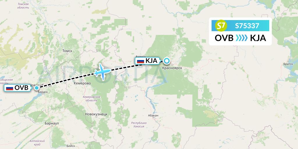 S75337 S7 Airlines Flight Map: Novosibirsk to Krasnoyarsk