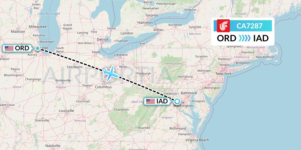 CA7287 Air China Flight Map: Chicago to Washington