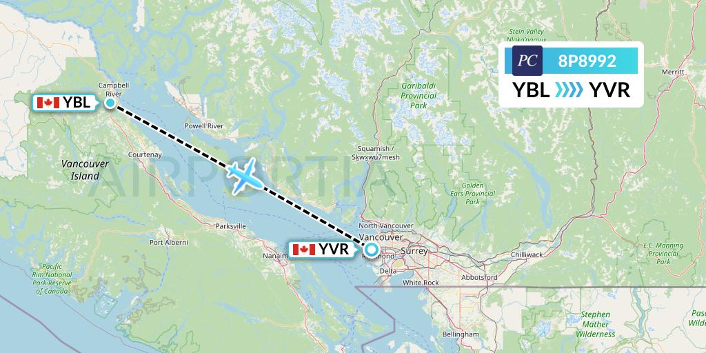 8P8992 Pacific Coastal Airlines Flight Map: Campbell River to Vancouver