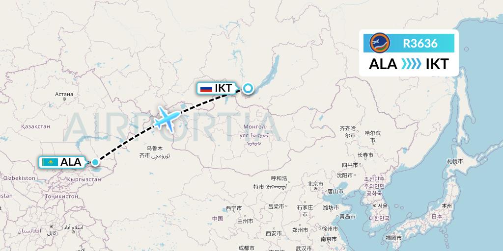 R3636 Yakutia Airlines Flight Map: Almaty to Irkutsk