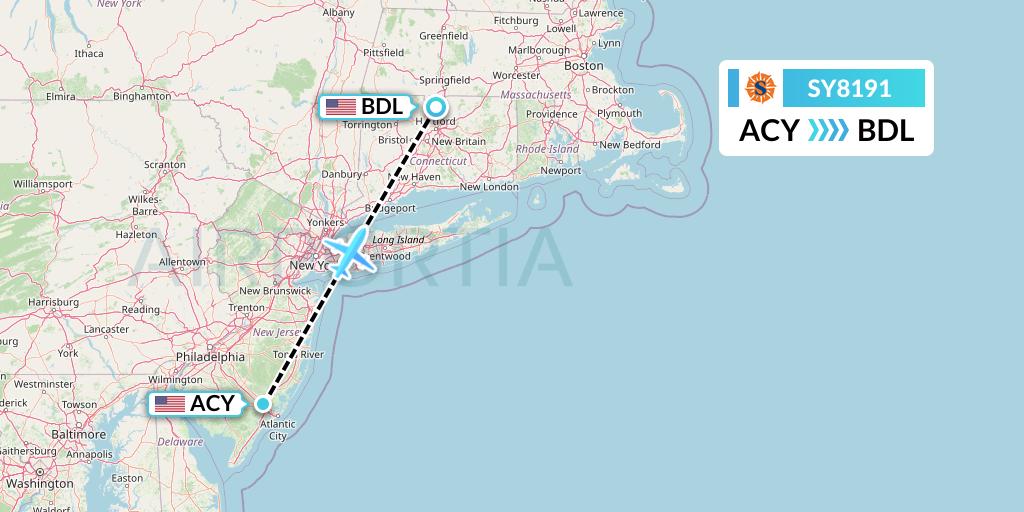 SY8191 Sun Country Airlines Flight Map: Atlantic City to Windsor Locks