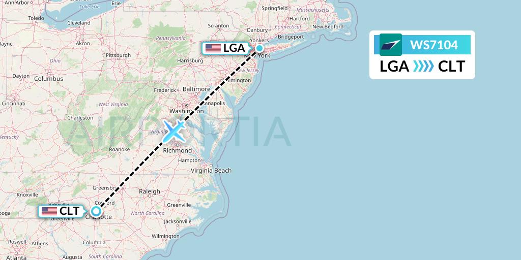 WS7104 WestJet Flight Map: New York to Charlotte
