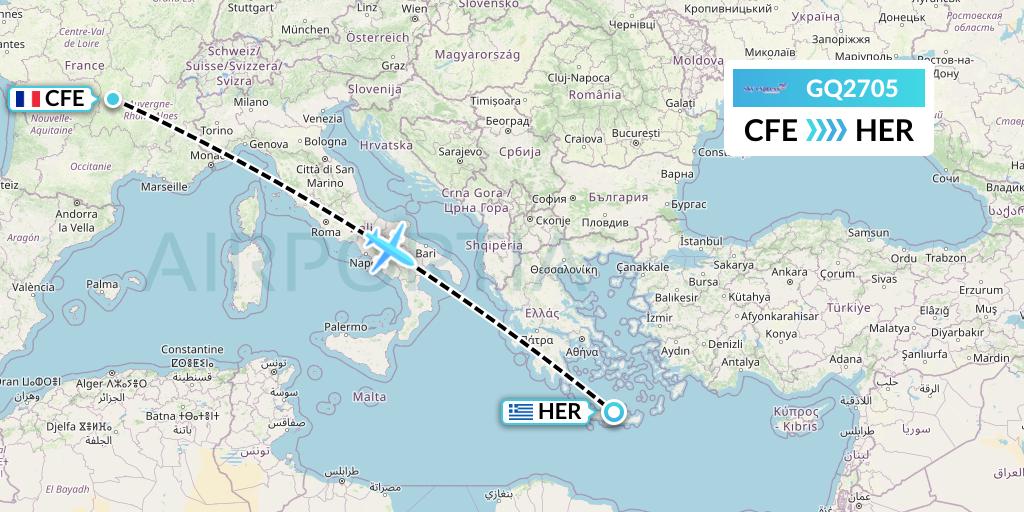 GQ2705 Sky Express (Greece) Flight Map: Clermont-Ferrand to Heraklion