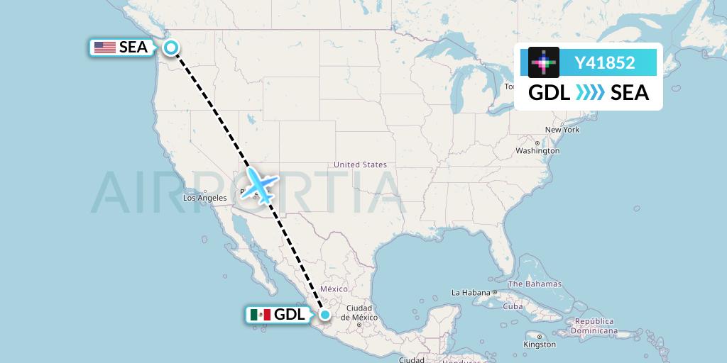 Y41852 Volaris Flight Map: Guadalajara to Seattle