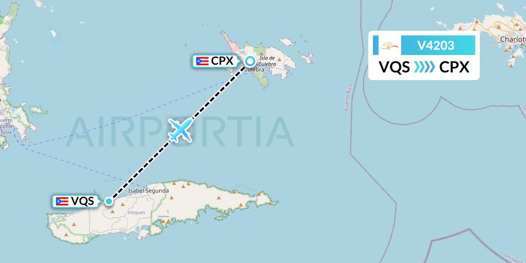 V4203 Vieques Air Link Flight Map: Vieques to Isla De Culebra