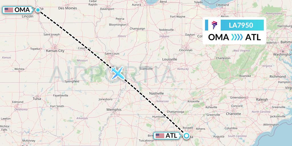 LA7950 LAN Airlines Flight Map: Omaha to Atlanta