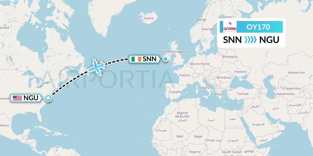 OY170 Omni Air International Flight Map: Shannon to Norfolk