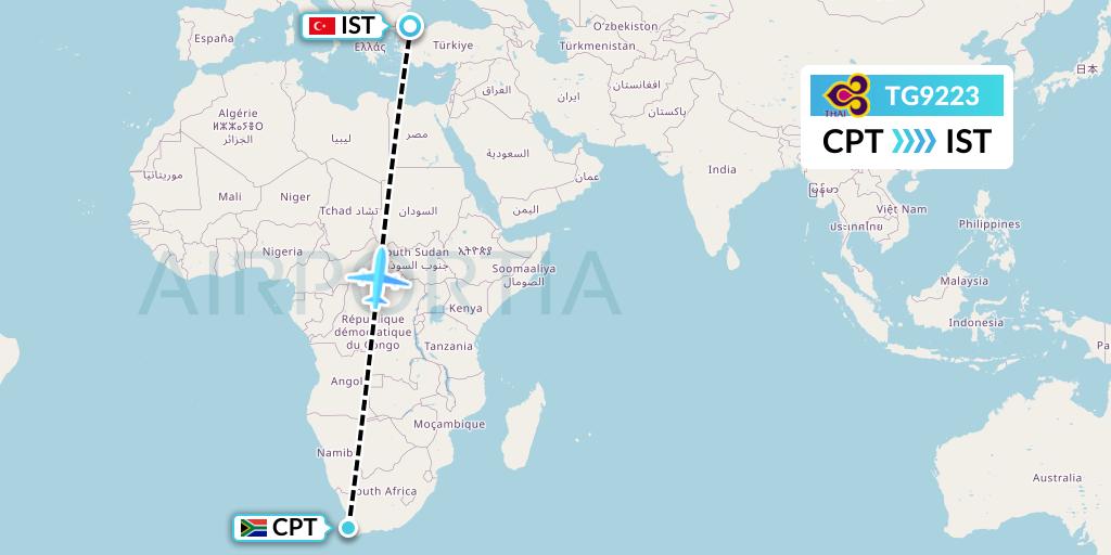 TG9223 Thai Airways Flight Map: Cape Town to Istanbul