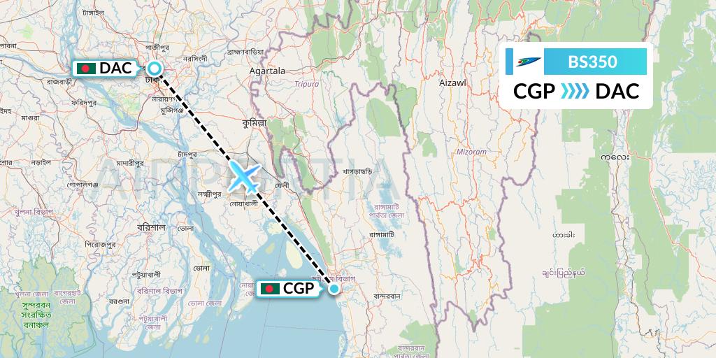 BS350 US-Bangla Airlines Flight Map: Chittagong to Dhaka