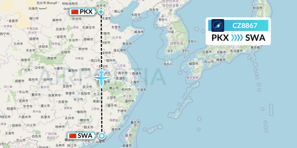 CZ8867 China Southern Airlines Flight Map: Beijing to Jieyang