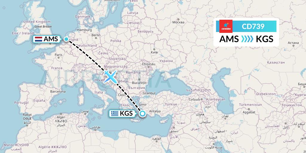 CD739 Dutch Corendon Airlines Flight Map: Amsterdam to Kos