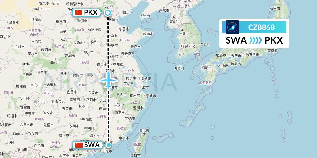 CZ8868 China Southern Airlines Flight Map: Jieyang to Beijing