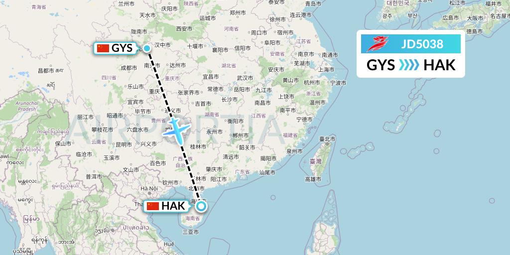 JD5038 Capital Airlines Flight Map: Guangyuan to Haikou