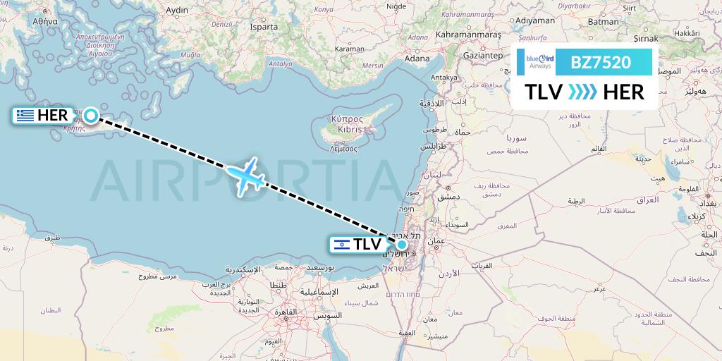 BZ7520 Bluebird Airways Flight Map: Tel Aviv to Heraklion
