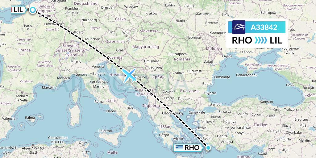 A33842 Aegean Airlines Flight Map: Rhodes to Lille