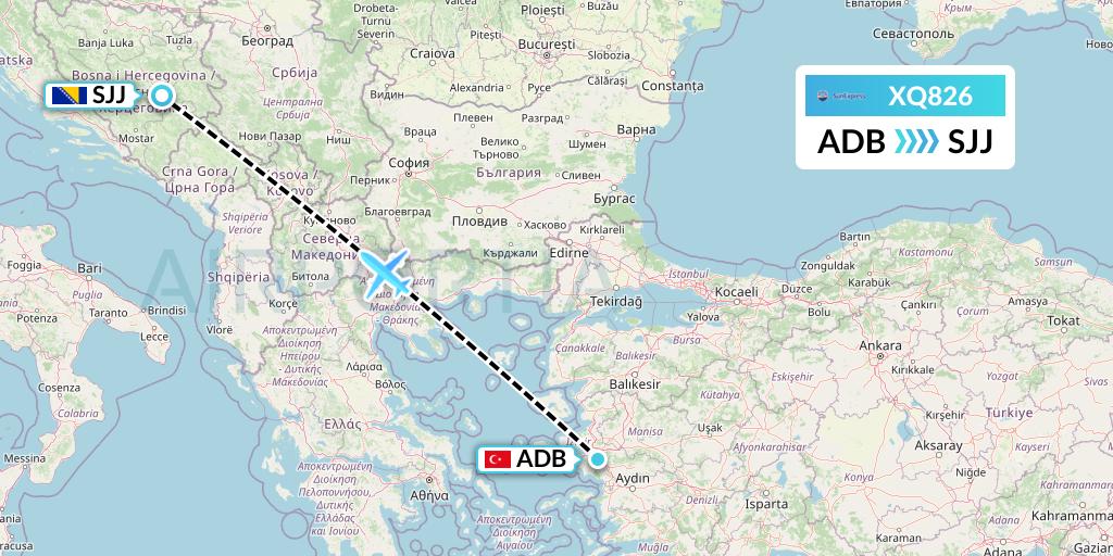 XQ826 SunExpress Flight Map: Izmir to Sarajevo