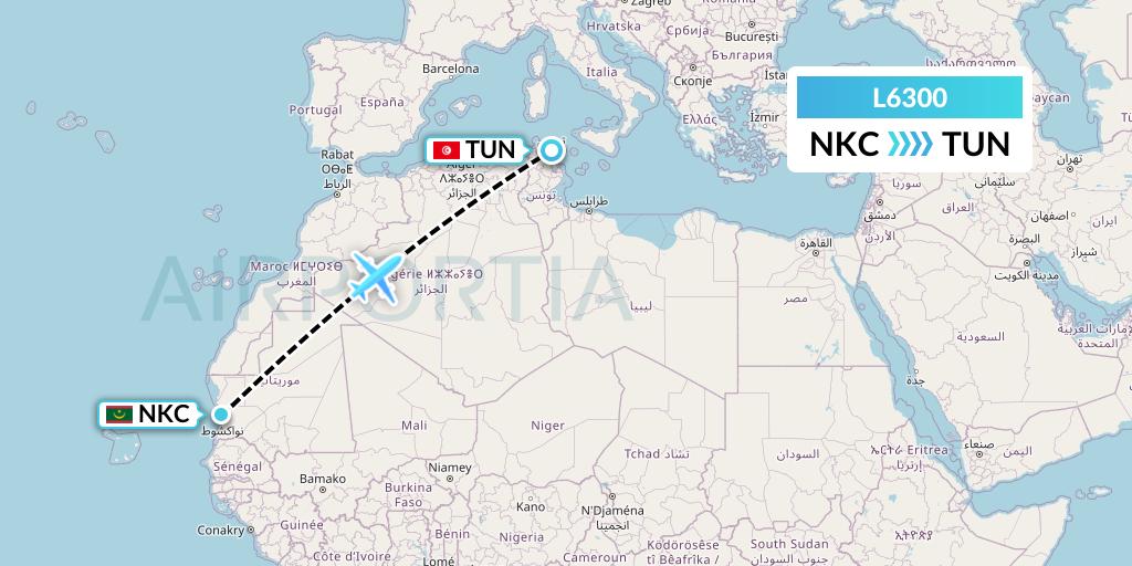 L6300 Mauritania Airlines International Flight Map: Nouakchott to Tunis