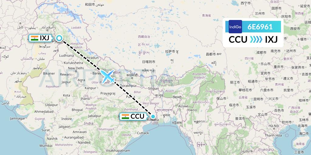 6E6961 IndiGo Airlines Flight Map: Kolkata to Jammu