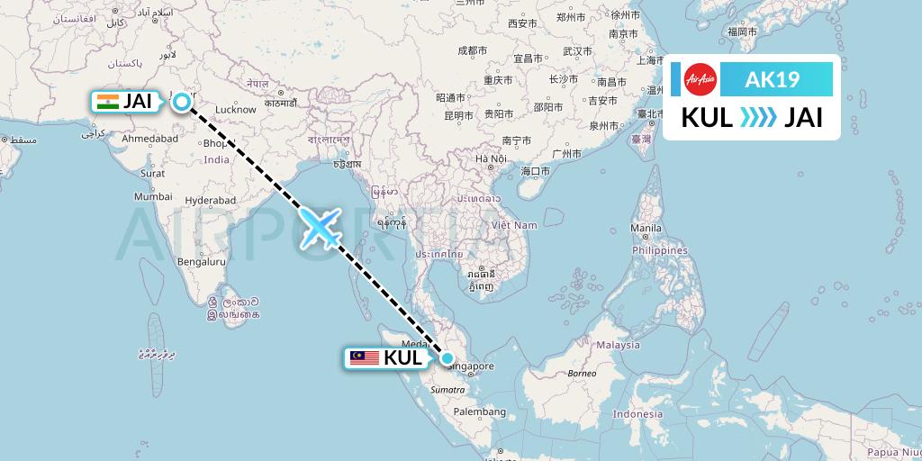 AK19 AirAsia Flight Map: Kuala Lumpur to Jaipur