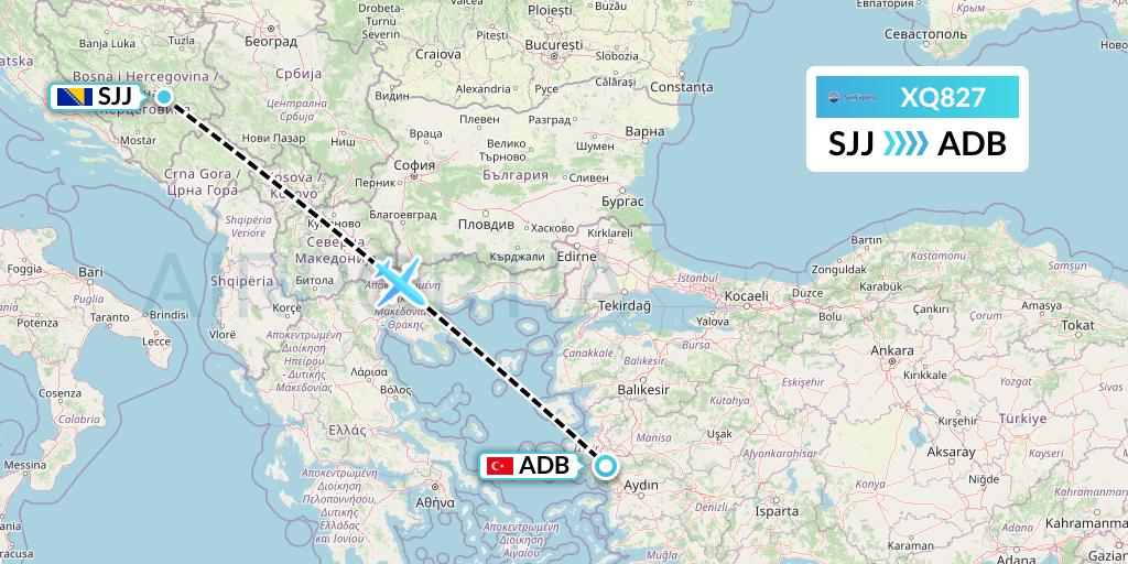 XQ827 SunExpress Flight Map: Sarajevo to Izmir