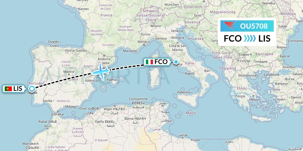 OU5708 Croatia Airlines Flight Map: Rome to Lisbon