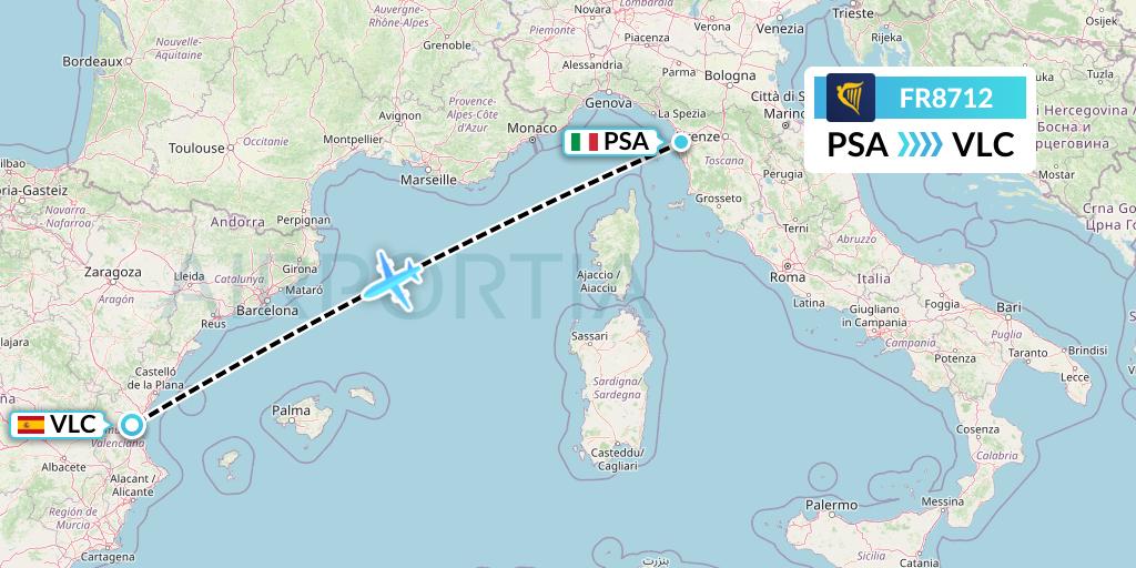 FR8712 Ryanair Flight Map: Pisa to Valencia