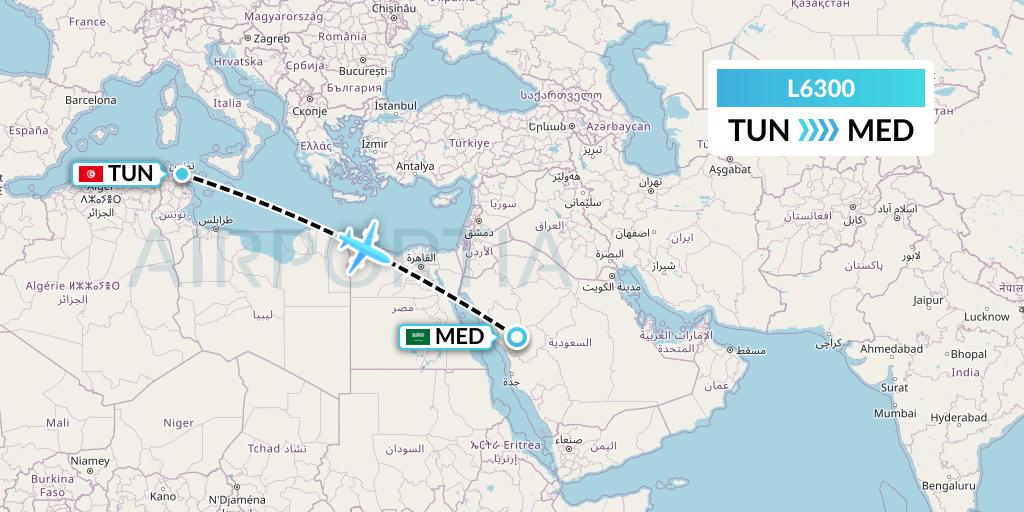 L6300 Mauritania Airlines International Flight Map: Tunis to Medina