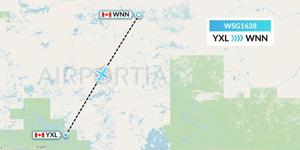 WSG1628 Wasaya Airways Flight Map: Sioux Lookout to Wunnummin Lake