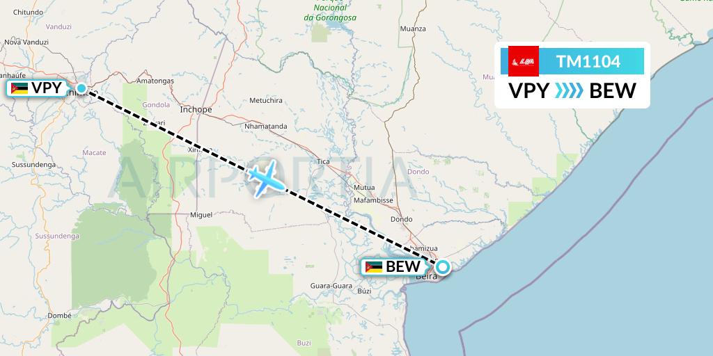 TM1104 LAM Mozambique Airlines Flight Map: Chimoio to Beira