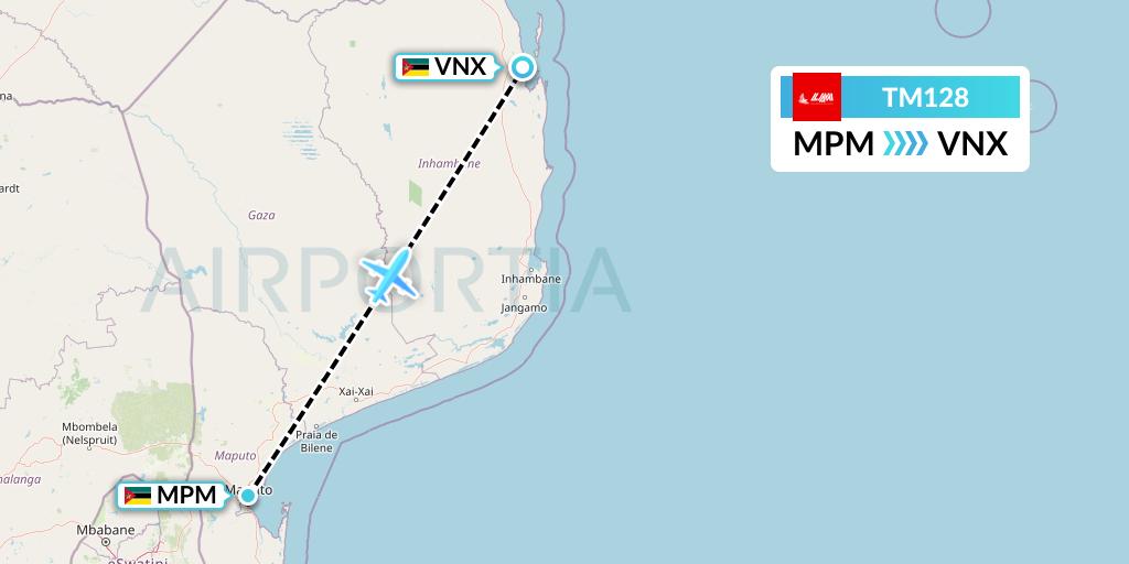 TM128 LAM Mozambique Airlines Flight Map: Maputo to Vilankulo