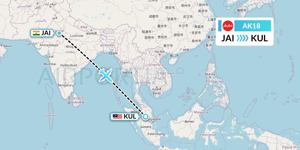 AK18 AirAsia Flight Map: Jaipur to Kuala Lumpur