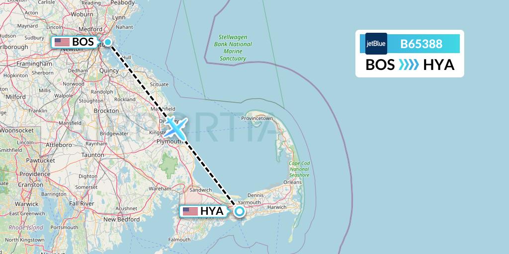 B65388 JetBlue Airways Flight Map: Boston to Hyannis