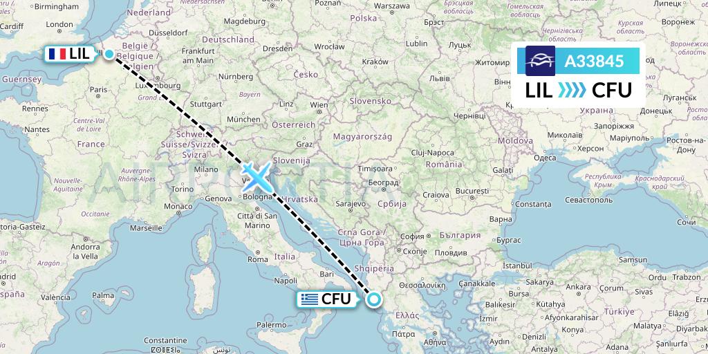 A33845 Aegean Airlines Flight Map: Lille to Corfu
