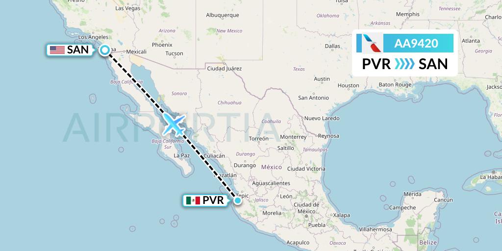 AA9420 American Airlines Flight Map: Puerto Vallarta to San Diego