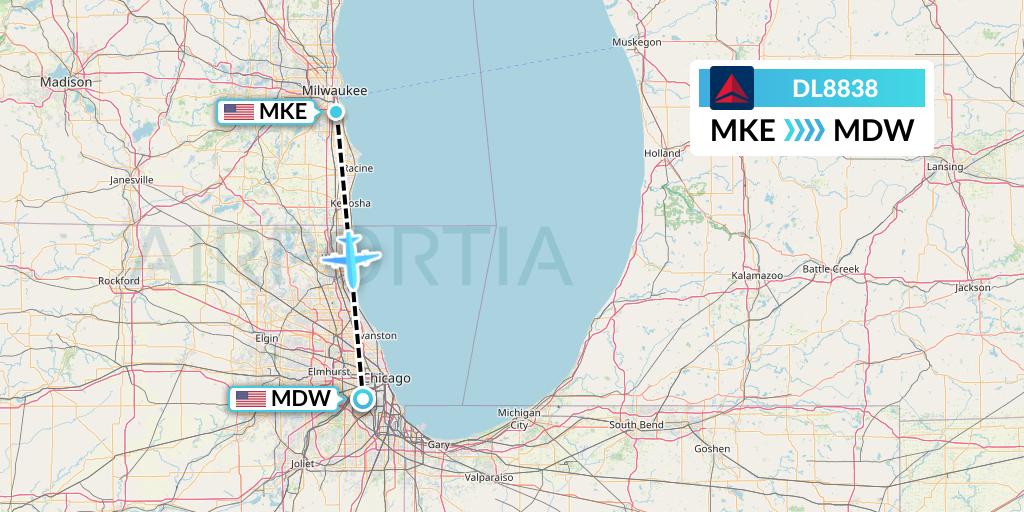 DL8838 Delta Air Lines Flight Map: Milwaukee to Chicago