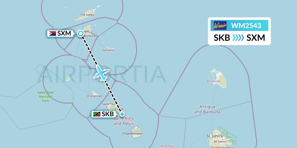 WM2543 Winair Flight Map: Basseterre to Sint Maarten